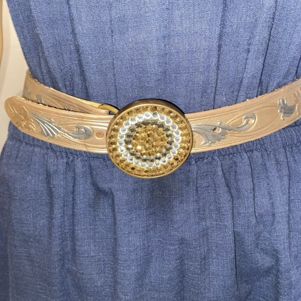 VINTAGE BTS Carole & Lois Solid Brass Green Rhinestone Buckle Leather‎ Belt 1978